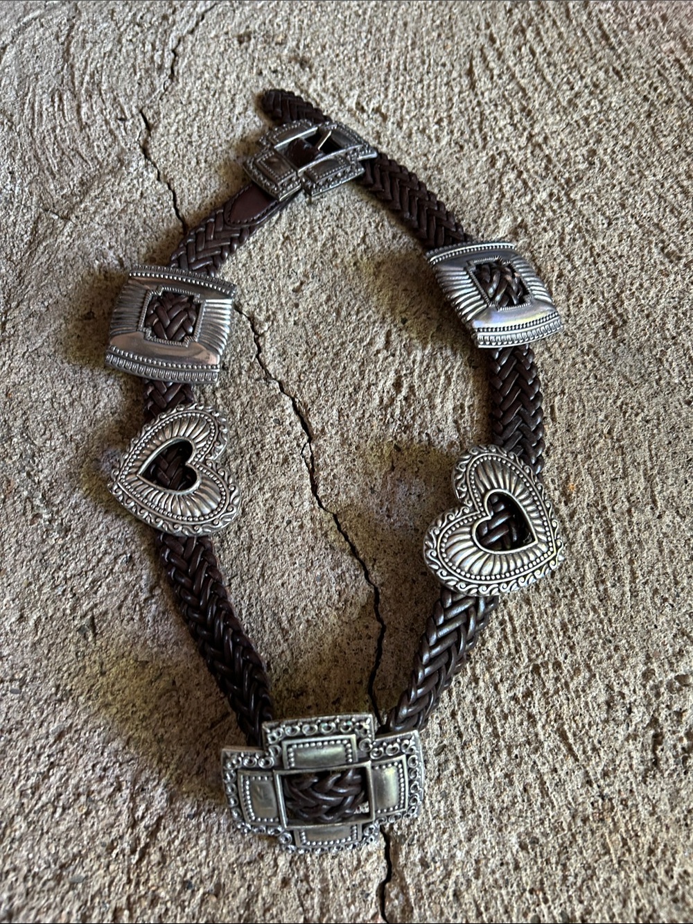 Vintage 1994 Brighton Braided Leather Belt with Silver Heart & Concho Accents